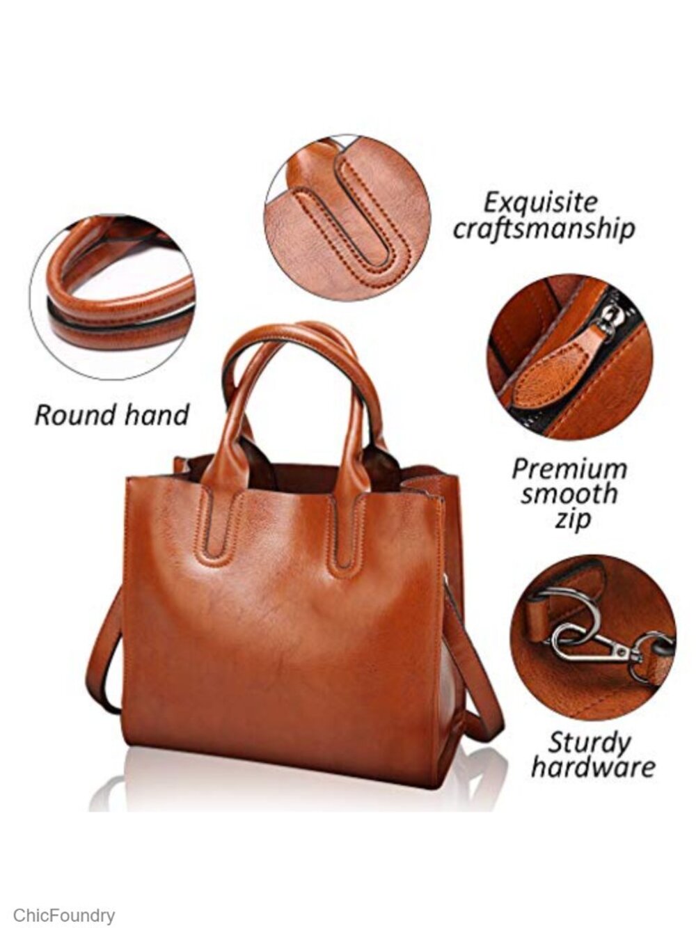 Large Faux Leather Tote Bag, Work Shoulder Purse with Zipper Closure and - Picture 5 of 6